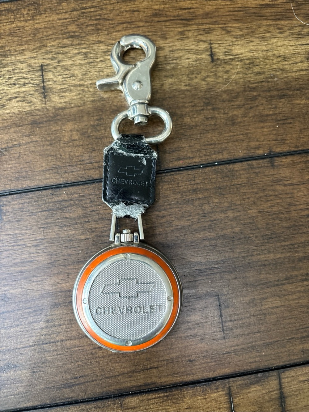 Vintage 1970s Chevrolet Quartz Pocket Watch Orange Bezel Clip Fob Belt